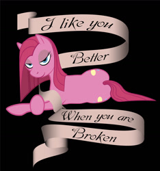 Size: 1419x1517 | Tagged: safe, artist:scorchedwing, pinkie pie, earth pony, pony, both cutie marks, dark, digital art, domination, femdom, mouthpiece, pinkamena diane pie, slogan, solo, sultry, vector