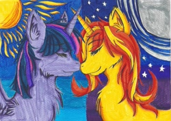 Size: 963x680 | Tagged: safe, artist:tenebrae, sunset shimmer, twilight sparkle, twilight sparkle (alicorn), alicorn, pony, unicorn, female, lesbian, mare, markers, shipping, sunsetsparkle, traditional art