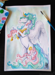 Size: 951x1280 | Tagged: safe, artist:etrii, princess celestia, alicorn, pony, rearing, solo, spread wings, traditional art, watercolor painting