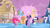 Size: 1668x938 | Tagged: safe, derpibooru import, screencap, applejack, fluttershy, pinkie pie, rainbow dash, rarity, twilight sparkle, unicorn twilight, earth pony, pegasus, pony, unicorn, the return of harmony, big crown thingy, chaos, discorded landscape, element of generosity, element of honesty, element of kindness, element of laughter, element of loyalty, element of magic, elements of harmony, eyes closed, female, glowing horn, group, jewelry, light, magic, mane six, mare, necklace, purple sky, regalia