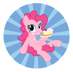 Size: 1757x1750 | Tagged: source needed, safe, artist:gatodelfuturo, pinkie pie, earth pony, pony, abstract background, cake, cherry, cute, diapinkes, eating, food, frosting, looking at you, messy eating, sitting, solo, sunburst background