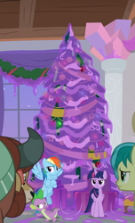 Size: 1626x2671 | Tagged: safe, derpibooru import, edit, edited screencap, screencap, rainbow dash, sandbar, spike, twilight sparkle, twilight sparkle (alicorn), yona, alicorn, dragon, goo, pegasus, pony, the hearth's warming club, composite screencap, female, hearth's warming tree, male, mare, panorama, slime, tree