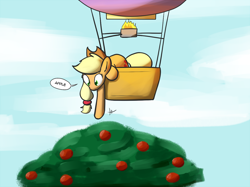 Size: 1280x959 | Tagged: safe, artist:whatsapokemon, applejack, earth pony, pony, apple, apple tree, balloon, eyes on the prize, hot air balloon, looking down, pointing, reaching, silly, silly pony, solo, that pony sure does love apples, tree