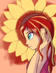 Size: 2550x3300 | Tagged: safe, artist:pettypop, sunset shimmer, equestria girls, clothes, colored pupils, cute, female, flower, profile, shimmerbetes, solo, sunflower, tanktop