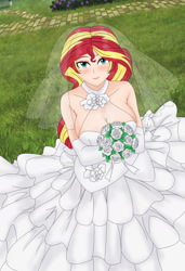 Size: 1202x1759 | Tagged: safe, alternate version, artist:anonix123, sunset shimmer, human, bare shoulders, beautiful, blushing, bouquet, breasts, bride, clothes, cute, dress, female, flower, grass, humanized, looking at you, scenery, shimmerbetes, smiling, solo, sunset jiggler, wedding dress