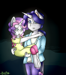 Size: 584x665 | Tagged: safe, artist:marimey, rarity, sweetie belle, anthro, unguligrade anthro, holding