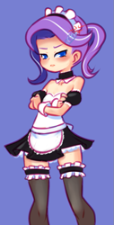 Size: 447x878 | Tagged: safe, artist:drantyno, diamond tiara, human, angry, blushing, child, choker, clothes, female, hairband, humanized, karma, looking at you, maid, miniskirt, moe, pigtails, purple background, simple background, skirt, socks, solo, thigh highs