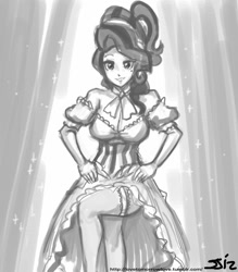 Size: 735x840 | Tagged: safe, artist:johnjoseco, cherry jubilee, human, breasts, busty cherry jubilee, cleavage, clothes, dress, female, garter, grayscale, humanized, monochrome, solo