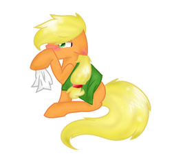 Size: 778x718 | Tagged: safe, applejack, earth pony, pony, blanket, cute, red nosed, sick, sneezing, solo, tissue