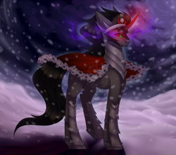 Size: 1280x1120 | Tagged: safe, artist:pinkxei, derpibooru import, king sombra, pony, unicorn, cape, clothes, dark magic, fangs, glowing horn, looking back, magic, male, snow, snowfall, solo, sombra eyes, stallion