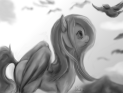 Size: 1600x1200 | Tagged: safe, artist:winternachts, fluttershy, bird, pegasus, pony, 60 minutes, monochrome, solo, speedpaint