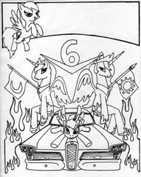 Size: 900x1124 | Tagged: safe, artist:sketchywolf-13, derpy hooves, princess celestia, princess luna, rainbow dash, alicorn, pegasus, pony, car, collar, crown, cutie mark, female, flag, ford, ford edsel, horn, jewelry, mare, monochrome, regalia, traditional art, wings