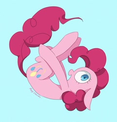 Size: 1000x1039 | Tagged: safe, artist:rocy canvas, pinkie pie, earth pony, pony, curled up, floppy ears, looking at you, rolling, simple background, solo