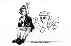 Size: 900x585 | Tagged: safe, artist:sketchywolf-13, derpy hooves, oc, oc:sketchy, human, pegasus, pony, cigarette, food, muffin, smoking, traditional art, wings