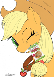 Size: 725x1024 | Tagged: safe, artist:siberwar, edit, applejack, earth pony, pony, chocolate, collar, mouth hold, russel stover, wink