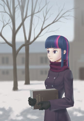 Size: 1217x1754 | Tagged: safe, artist:dannylim86, derpibooru import, twilight sparkle, human, bare tree, book, clothes, gloves, humanized, scarf, snow, solo, tree, winter