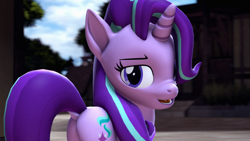 Size: 3840x2160 | Tagged: safe, artist:psfmer, starlight glimmer, pony, unicorn, 3d, 4k, butt, dock, looking at you, looking back, looking back at you, open mouth, plot, ponyville, sfm pony, solo, source filmmaker