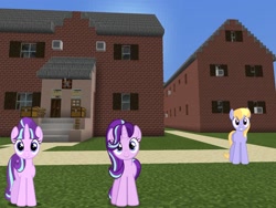 Size: 2048x1536 | Tagged: safe, artist:bluemeganium, artist:topsangtheman, artist:xebck, cloud kicker, starlight glimmer, pegasus, pony, unicorn, topsangtheman's minecraft server, house, looking at you, minecraft, photoshopped into minecraft, self ponidox, this will end in timeline distortion