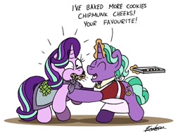 Size: 1024x775 | Tagged: safe, artist:bobthedalek, firelight, starlight glimmer, pony, unicorn, apron, blanket, chipmunk cheeks, clothes, cookie, father and child, father and daughter, fathers gonna father, female, food, jacket, male, newbie artist training grounds, parent and child
