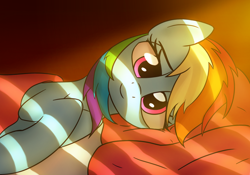 Size: 4066x2854 | Tagged: safe, artist:irisarco, derpibooru import, rainbow dash, pegasus, pony, bed, bedroom, cute, dashabetes, female, lidded eyes, looking at you, mare, morning, morning ponies, smiling, solo