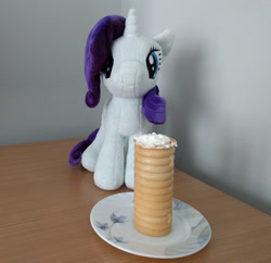 Size: 1652x1600 | Tagged: safe, rarity, pony, unicorn, 4de, desk, female, food, irl, mare, photo, plate, plushie, rarity looking at food, roll, solo, waifu dinner