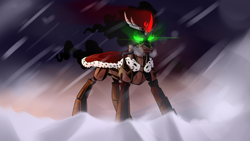 Size: 2560x1440 | Tagged: safe, artist:imskull, derpibooru import, king sombra, pony, robot, robot pony, snow, solo