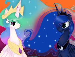 Size: 1024x781 | Tagged: safe, artist:sonicanddisneyland1, princess celestia, princess luna, alicorn, pony, crown, female, horn, mare, siblings, sisters