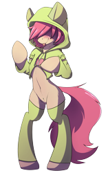 Size: 1783x2842 | Tagged: safe, artist:rileyisherehide, butterscotch, fluttershy, pegasus, pony, semi-anthro, :p, blushing, clothes, femboy, hoodie, male, open-chest hoodie, pubic fluff, rule 63, silly, simple background, socks, solo, standing, sweater, thigh highs, tongue out, transparent background