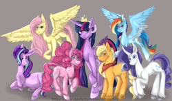 Size: 1024x602 | Tagged: safe, artist:zsnowfilez, applejack, fluttershy, pinkie pie, rainbow dash, rarity, starlight glimmer, twilight sparkle, twilight sparkle (alicorn), alicorn, earth pony, pegasus, pony, unicorn, crown, cutie mark, horn, horns, jewelry, mane six, multiple horns, regalia