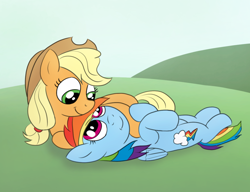 Size: 1040x800 | Tagged: safe, artist:m.w., derpibooru import, applejack, rainbow dash, earth pony, pegasus, pony, /mlp/, appledash, cute, female, hat, lesbian, lying down, mare, mlpg, shipping, snuggling