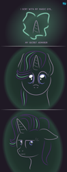 Size: 451x1155 | Tagged: safe, artist:quint-t-w, starlight glimmer, pony, unicorn, :i, atg 2020, breaking the fourth wall, bust, comic, female, floppy ears, gradient background, horn, i mean i see, looking at you, magic, minimalist, modern art, newbie artist training grounds, solo