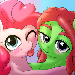 Size: 1000x1000 | Tagged: safe, artist:ushiro no kukan, pinkie pie, tree hugger, earth pony, pony, duo, female, hug, mare