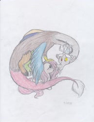 Size: 2550x3300 | Tagged: safe, artist:lacedra, discord, fluttershy, pegasus, pony, comforting, discoshy, female, male, shipping, straight, traditional art