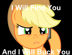 Size: 500x380 | Tagged: safe, artist:s.guri, applejack, earth pony, pony, caption, death threat, taken, telephone, threat