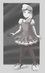 Size: 458x750 | Tagged: safe, artist:mew, sweetie belle, human, clothes, dress, female, humanized, microphone, monochrome, pantyhose, slippers, solo