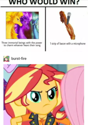 Size: 1159x1647 | Tagged: artist needed, safe, adagio dazzle, aria blaze, sonata dusk, sunset shimmer, equestria girls, bacon, cropped, female, food, geode of empathy, magical geodes, meat, meme, sunset is not amused, the dazzlings, who would win