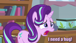 Size: 1920x1080 | Tagged: safe, edit, edited screencap, screencap, starlight glimmer, pony, unicorn, a horse shoe-in, bronybait, caption, hug, hug request, image macro, solo, text, text edit, worried