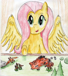 Size: 2466x2753 | Tagged: safe, artist:40kponyguy, derpibooru exclusive, fluttershy, hammerhead, pegasus, pony, dice, fire warrior, looking at you, remora drone fighter, solo, tau, tau empire, traditional art, underhoof, warhammer (game), warhammer 40k, xv8 crisis battlesuit