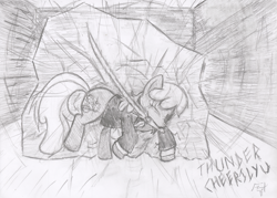 Size: 817x586 | Tagged: safe, artist:frist44, cheerilee, earth pony, pony, clothes, crossover, female, mare, monochrome, mouth hold, no more heroes, one eye closed, solo, sword, thunder ryu, weapon