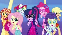 Size: 1280x720 | Tagged: safe, screencap, applejack, fluttershy, pinkie pie, rainbow dash, rarity, sci-twi, sunset shimmer, twilight sparkle, better together, equestria girls, i'm on a yacht, female, geode of fauna, geode of shielding, geode of sugar bombs, geode of telekinesis, glasses, humane five, humane seven, humane six, magical geodes, ponytail