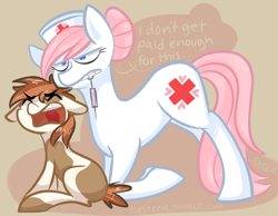 Size: 800x622 | Tagged: safe, artist:steeve, nurse redheart, pipsqueak, earth pony, pony, colt, female, male, mare, mouth hold, needle, syringe, trypanophobia