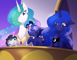 Size: 912x714 | Tagged: safe, artist:gamblingfoxinahat, princess celestia, princess luna, oc, oc:lullaby night, oc:star cross, bat pony, pony, female, hair over one eye, mother and child, mother and daughter, offspring, parent and child, parent:good king sombra, parent:king sombra, parent:oc:midknight shield, parent:princess celestia, parent:princess luna, parents:canon x oc, parents:celestibra