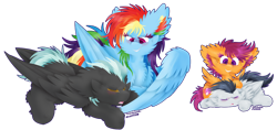 Size: 1024x484 | Tagged: safe, artist:vanillaswirl6, derpibooru import, rainbow dash, rumble, scootaloo, thunderlane, pegasus, pony, colt, feather, floppy ears, fluffy, lineless, male, mouth hold, open mouth, photoshop, sleeping, stallion, wings