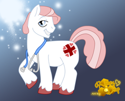 Size: 800x645 | Tagged: safe, artist:honey-drop, nurse redheart, earth pony, pony, grin, lidded eyes, male, nurse redhoof, raised hoof, rule 63, smiling, solo, stallion, stethoscope, unshorn fetlocks