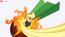 Size: 1024x576 | Tagged: safe, artist:ajax404, artist:masem, applejack, earth pony, pony, boots, fire, fireproof boots, leaping, saddle bag, vector, wallpaper