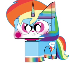 Size: 1024x878 | Tagged: safe, artist:rainbowzforlife, derpibooru import, rainbow dash, crossover, lego, simple background, species swap, the lego movie, transparent background, unikitty