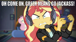 Size: 640x359 | Tagged: safe, edit, edited screencap, editor:undeadponysoldier, screencap, fluttershy, sunset shimmer, equestria girls, equestria girls series, game stream, spoiler:eqg series (season 2), amplifier, angry, bed, bedroom eyes, caption, clothes, controller, female, funny, funny as hell, furious, gamer sunset, gaming, headphones, headset, human (eqg), image macro, intense, jackass, jacket, microphone, nin10doh, playing video games, rage, reference, sunset gamer, teeth grinding, text, vulgar