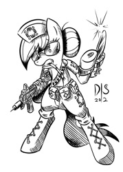 Size: 500x700 | Tagged: safe, artist:discommunicator, nurse redheart, earth pony, pony, badass, bipedal, female, gun, mare, monochrome, solo, weapon