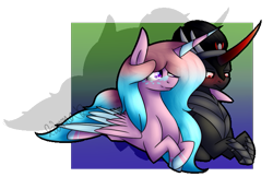 Size: 645x417 | Tagged: safe, artist:sweetmelon556, derpibooru import, king sombra, oc, oc:cirrus cumulus, alicorn, pony, canon x oc, female, mare, prone