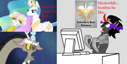 Size: 1180x595 | Tagged: safe, derpibooru import, discord, king sombra, princess celestia, alicorn, pony, season 4, computer, female, flower, mare, one eye closed, poster, wink